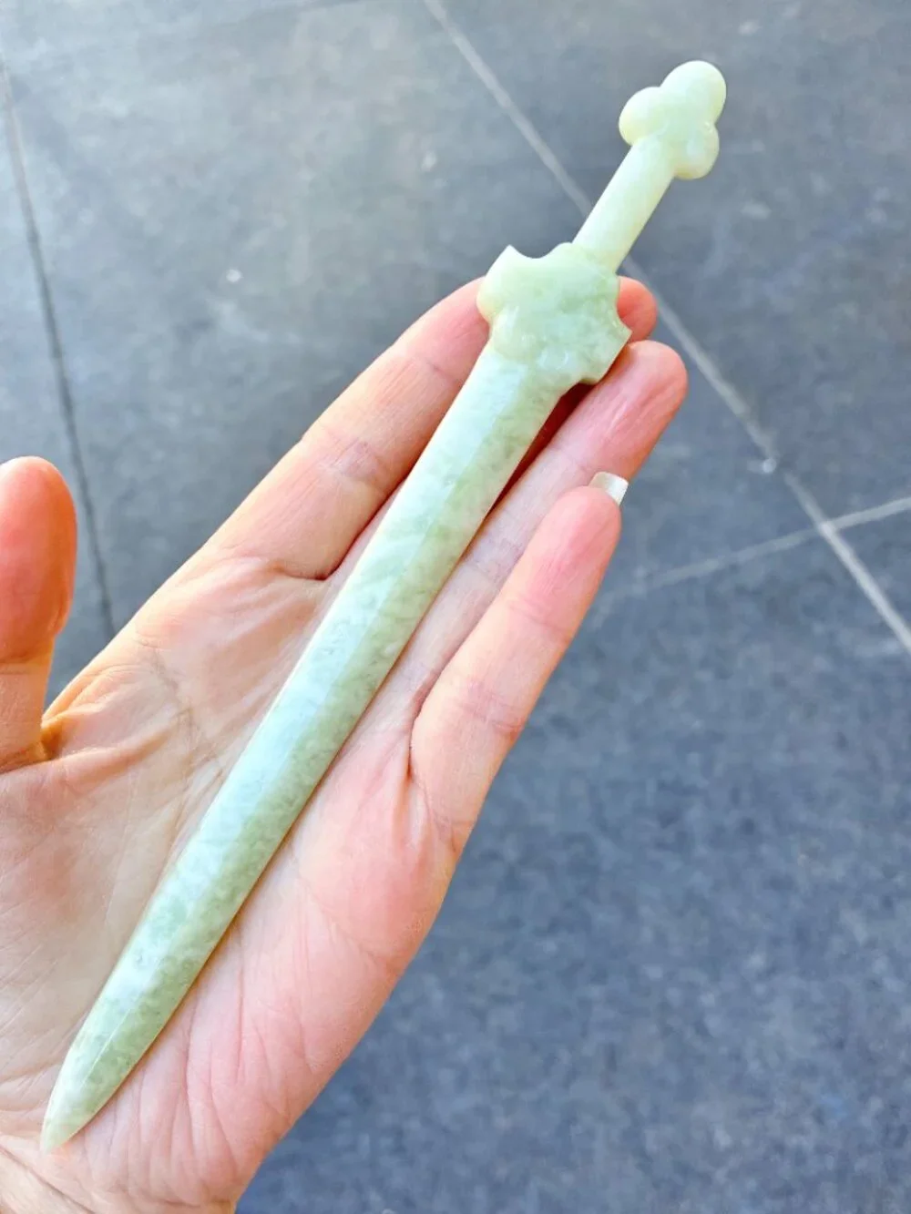 Green Sword Carved Hairpin - Serpentine Jade Hair Stick